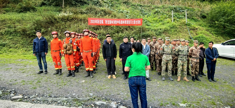 2025年9月29，阿坝森林消防支队汶川大队卧龙中队联合卧龙镇政府、派出所、武装部及村委会等单位，在阿坝州汶川县卧龙镇干海子开展应急救援综合演练。 (王富海摄）