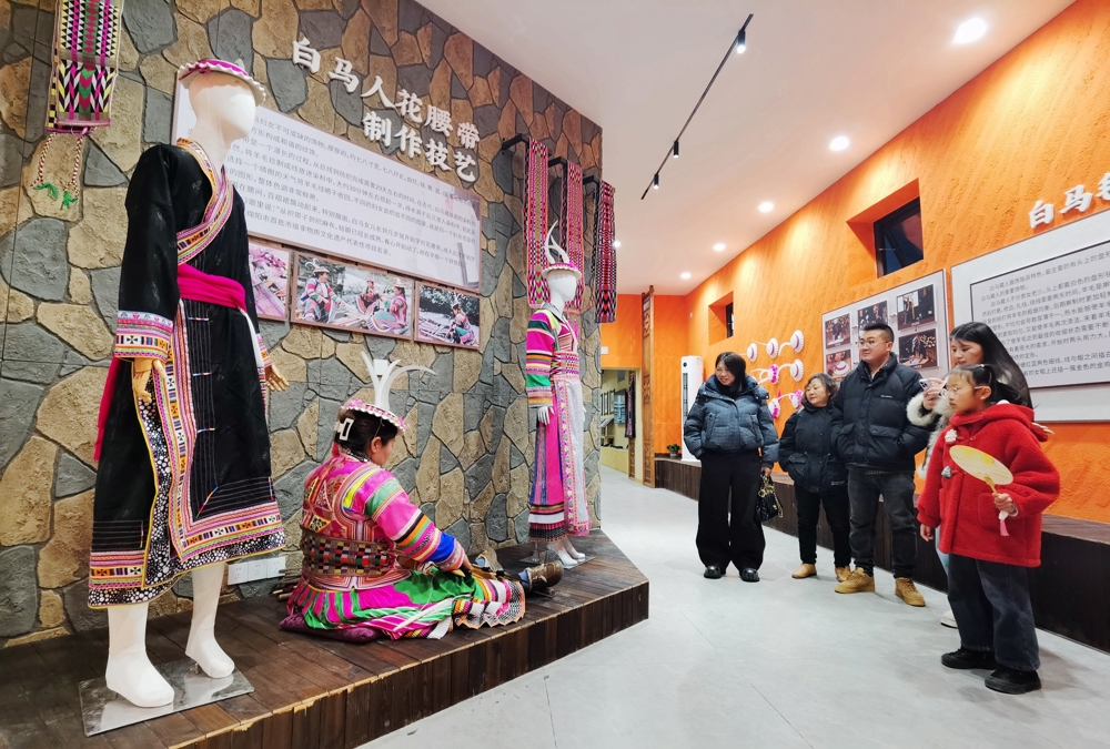 游客观看非遗活态展示—白马人花腰带制作技艺