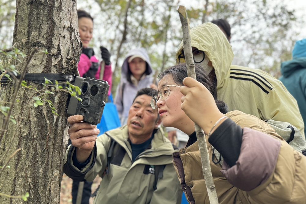 导赏员强清贵向访客介绍红外相机