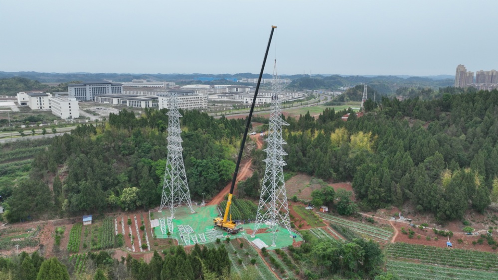 国网资阳供电公司在雁江区红岩村杨家沟对资阳-临空220千伏输电线路NA31塔进行组装作业。 王红鑫 摄