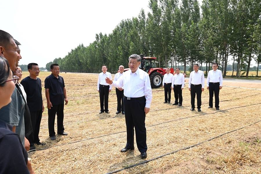 6月24日，中共中央总书记、国家主席、中央军委主席习近平在山东省德州市考察。这是习近平在陵城区边临镇东于架村，走进农田同种粮大户、农机手、农技人员亲切交流。　　新华社记者 谢环驰摄