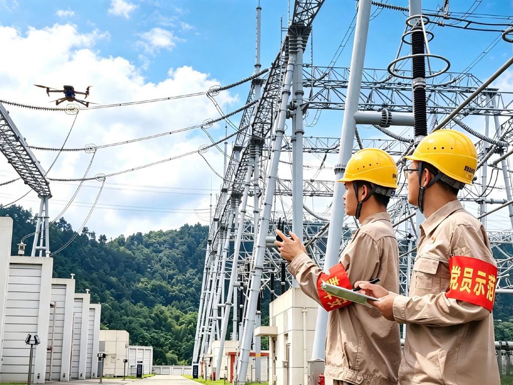 7月8日上午10时26分，国网宜宾供电公司超高压运维班对500千伏翠屏变电站开展震后无人机特巡。 万磊 摄