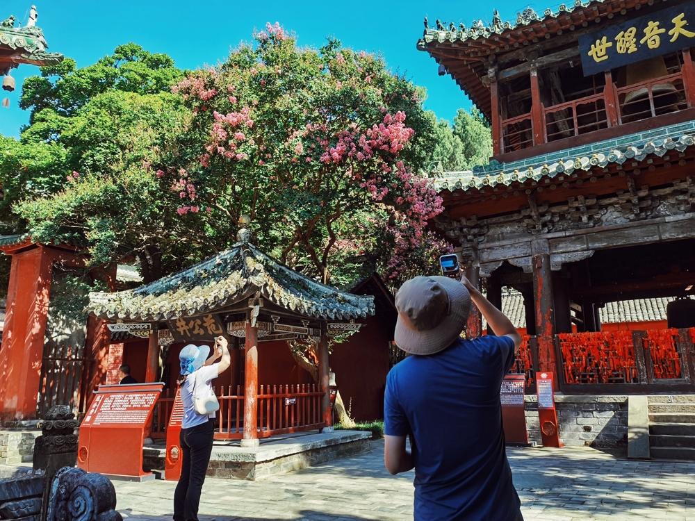 游客在报恩寺观赏紫薇花
