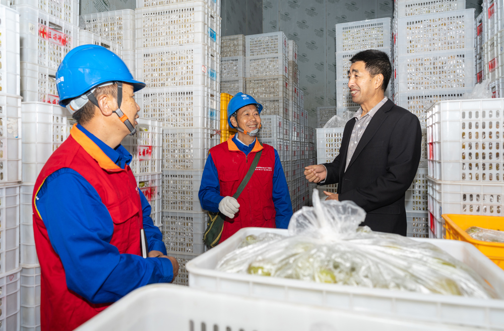 电力工人在与冻库的人员交流用电安全知识