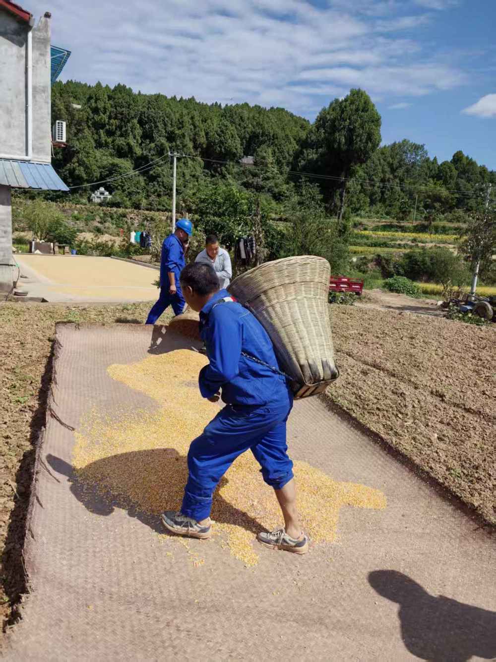 电力工人在帮助当地村民秋收